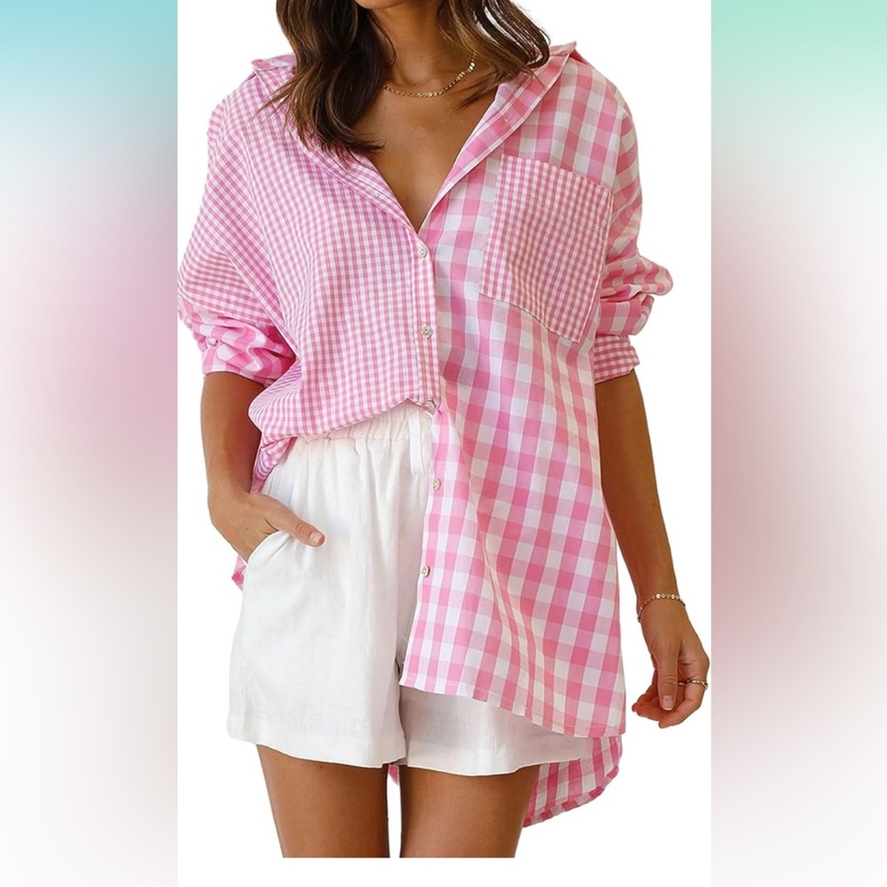 Pink and white oversized plaid patchwork pattern boyfriend cut. Size small. NWT